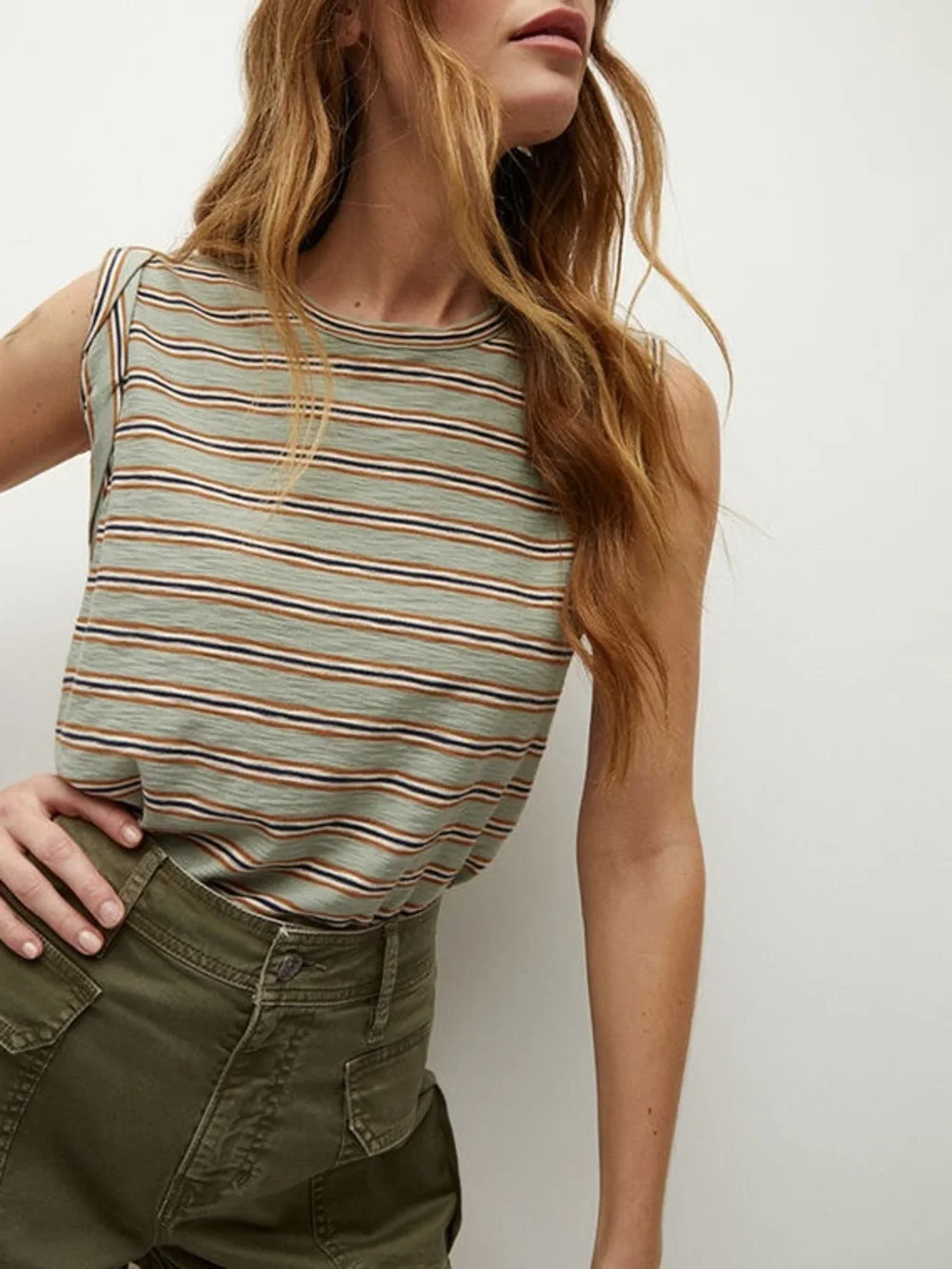 Veronica Beard Dree Muscle Tee Striped Sleeveless Tank in Sage, Cream & Brown - Picture 1 of 6